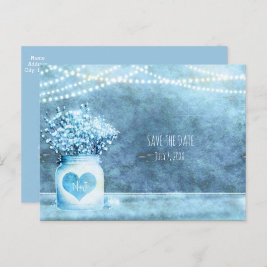 Blauw Hart Mason Pot & Baby's Breath Save The Date Aankondigingskaart (Voorkant / Achterkant)