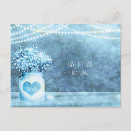Blauw Hart Mason Pot & Baby's Breath Save The Date Aankondigingskaart