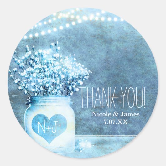 Blauw Hart Mason Pot & Baby's Breath Trouw Geschen Ronde Sticker (Voorkant)