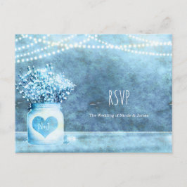 Blauw Hart Mason Pot & Baby's Breath Trouw-RSVP Uitnodiging Briefkaart