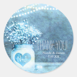 Blauw Hart Mason Pot & Baby's Breath Trouwgunst Ronde Sticker