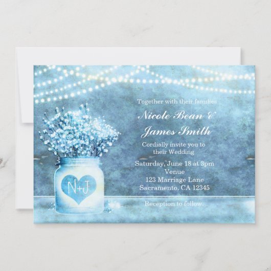 Blauw Hart Mason Pot & Baby's Breath Uitnodiging (Voorkant)