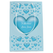Blauw hart met aangepaste tekst medium cadeauzakje (Voorkant)