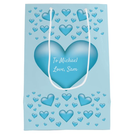 Blauw hart met aangepaste tekst medium cadeauzakje (Achterkant)