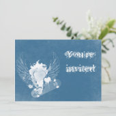 Blauw hart met Angel Wings-uitnodiging Kaart (Staand voorkant)