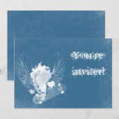 Blauw hart met Angel Wings-uitnodiging Kaart (Voorkant / Achterkant)