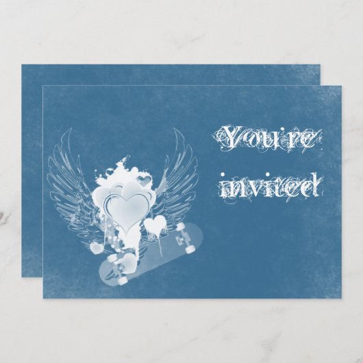 Blauw hart met Angel Wings-uitnodiging Kaart (Voorkant / Achterkant)