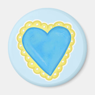 Blauw hart met gele gekartelde ooglet trim magneet