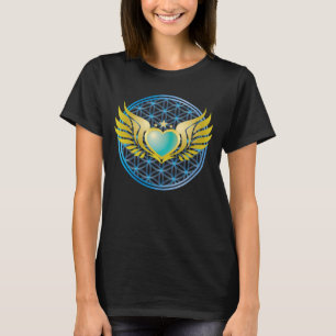 Blauw hart met Gold Angel wringt op een bloem T-shirt