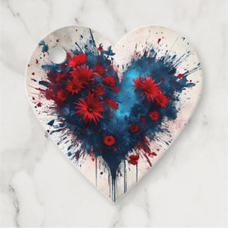 Blauw hart met rode bloemen bedankjes labels