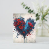Blauw hart met rode bloemen briefkaart (Staand voorkant)