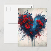 Blauw hart met rode bloemen briefkaart (Voorkant / Achterkant)