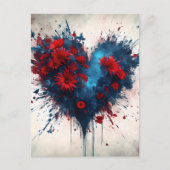 Blauw hart met rode bloemen briefkaart (Voorkant)