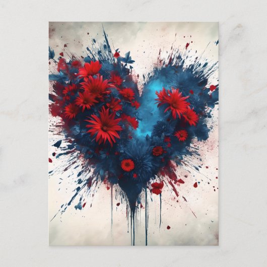 Blauw hart met rode bloemen briefkaart (Voorkant)