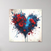 Blauw hart met rode bloemen canvas afdruk (Voorkant)