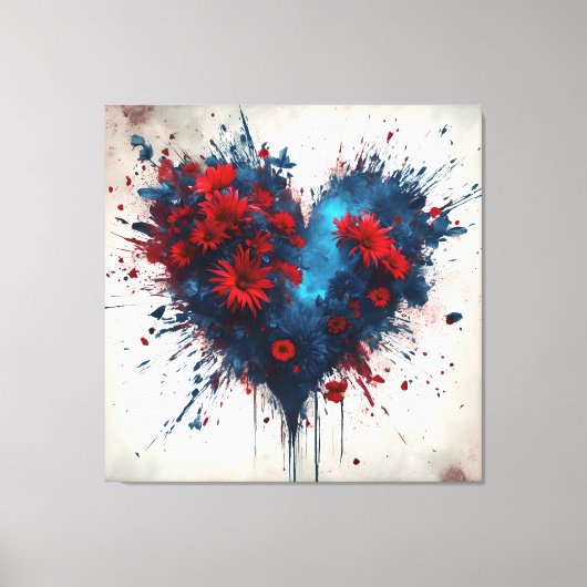 Blauw hart met rode bloemen canvas afdruk (Voorkant)