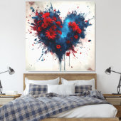 Blauw hart met rode bloemen canvas afdruk (Insitu (Slaapkamer))