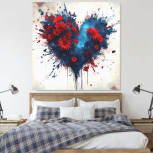 Blauw hart met rode bloemen canvas afdruk