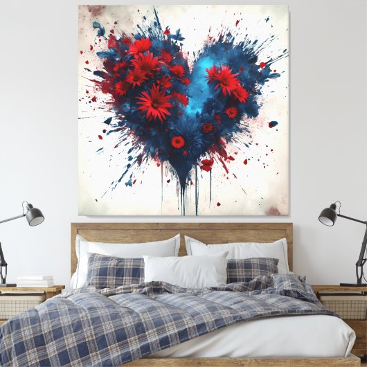 Blauw hart met rode bloemen canvas afdruk (Insitu (Slaapkamer))