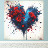 Blauw hart met rode bloemen canvas afdruk (Insitu (Houten vloer))