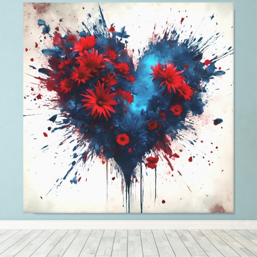 Blauw hart met rode bloemen canvas afdruk (Insitu (Houten vloer))