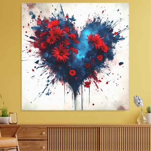 Blauw hart met rode bloemen canvas afdruk (Insitu (Woonkamer))