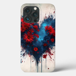 Blauw hart met rode bloemen Case-Mate iPhone case