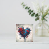 Blauw hart met rode bloemen informatiekaartje (Staand voorkant)