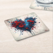 Blauw hart met rode bloemen kartonnen onderzetters (Schuin)