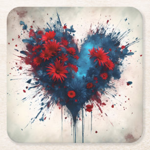 Blauw hart met rode bloemen kartonnen onderzetters