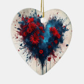 Blauw hart met rode bloemen keramisch ornament (Rechts)