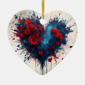 Blauw hart met rode bloemen keramisch ornament