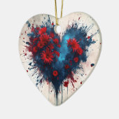 Blauw hart met rode bloemen keramisch ornament (Links)