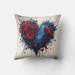 Blauw hart met rode bloemen kussen