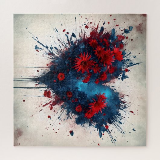 Blauw hart met rode bloemen legpuzzel (Horizontaal)