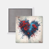 Blauw hart met rode bloemen magneet (Voorkant / Achterkant)