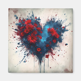 Blauw hart met rode bloemen magneet