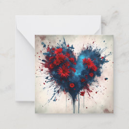 Blauw hart met rode bloemen notitiekaartje