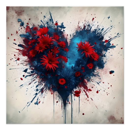 Blauw hart met rode bloemen perfect poster (Voorkant)