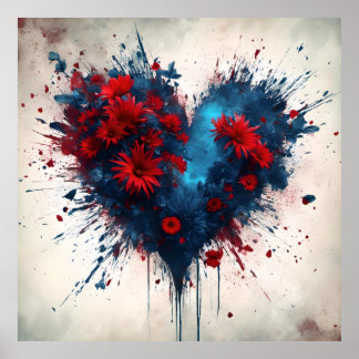 Blauw hart met rode bloemen poster