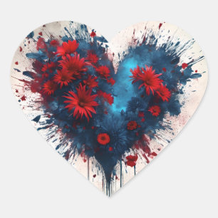 Blauw hart met rode bloemen sticker