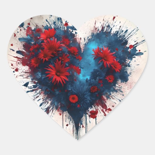 Blauw hart met rode bloemen sticker (Voorkant)