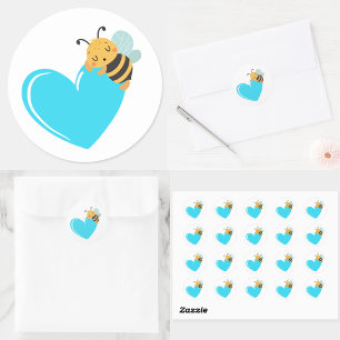Blauw hart met slapende schattige baby Bumblebee Ronde Sticker