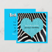 Blauw hart met uitnodiging van Zebra Print Party (Voorkant / Achterkant)