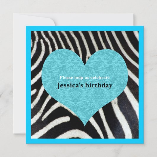 Blauw hart met uitnodiging van Zebra Print Party (Voorkant)