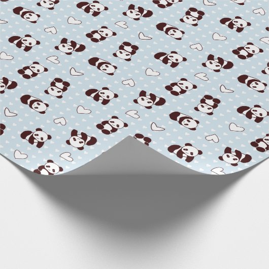 Blauw hart panda beer met patroon inpakpapier (Hoek)