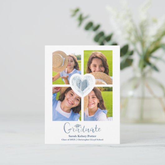 Blauw hart Trendy Al School Afstuderen 4 Foto's Briefkaart (Staand voorkant)