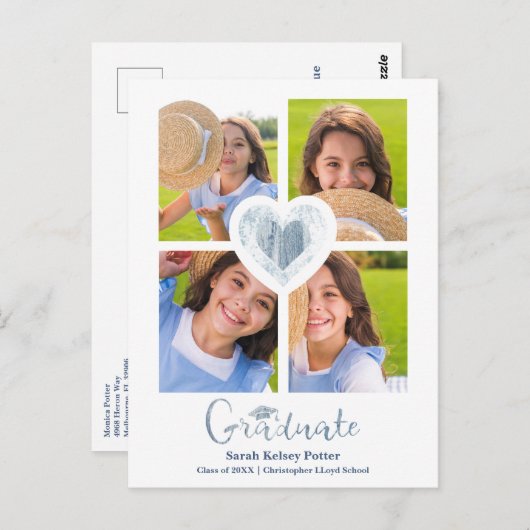 Blauw hart Trendy Al School Afstuderen 4 Foto's Briefkaart (Voorkant / Achterkant)