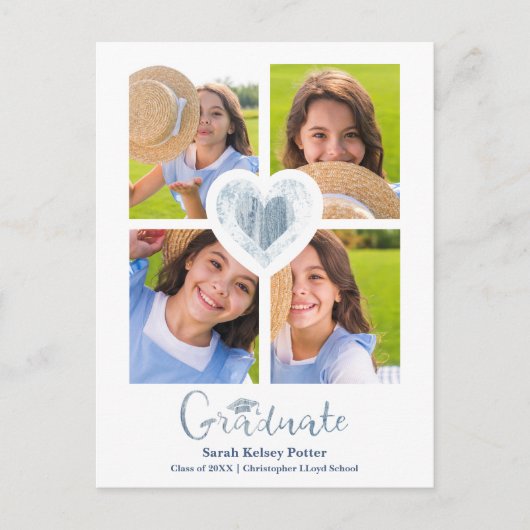 Blauw hart Trendy Al School Afstuderen 4 Foto's Briefkaart (Voorkant)