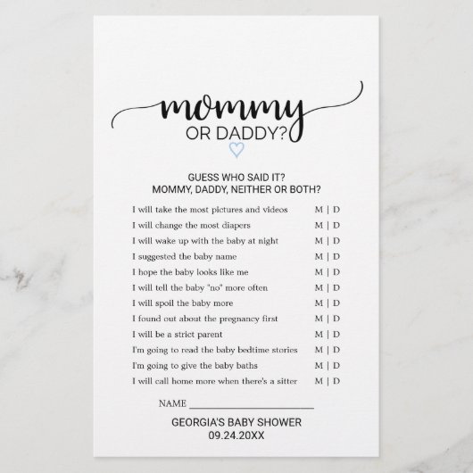 Blauw hart | Zwarte kalligrafie mama of papa Game (Voorkant)